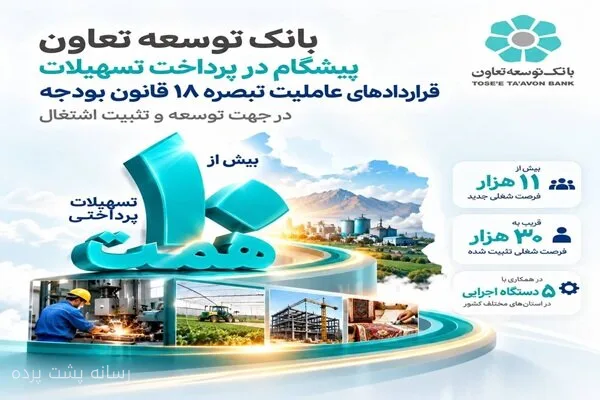 بانک توسعه تعاون با تسهیلات تبصره ۱۸ پیشتاز شد